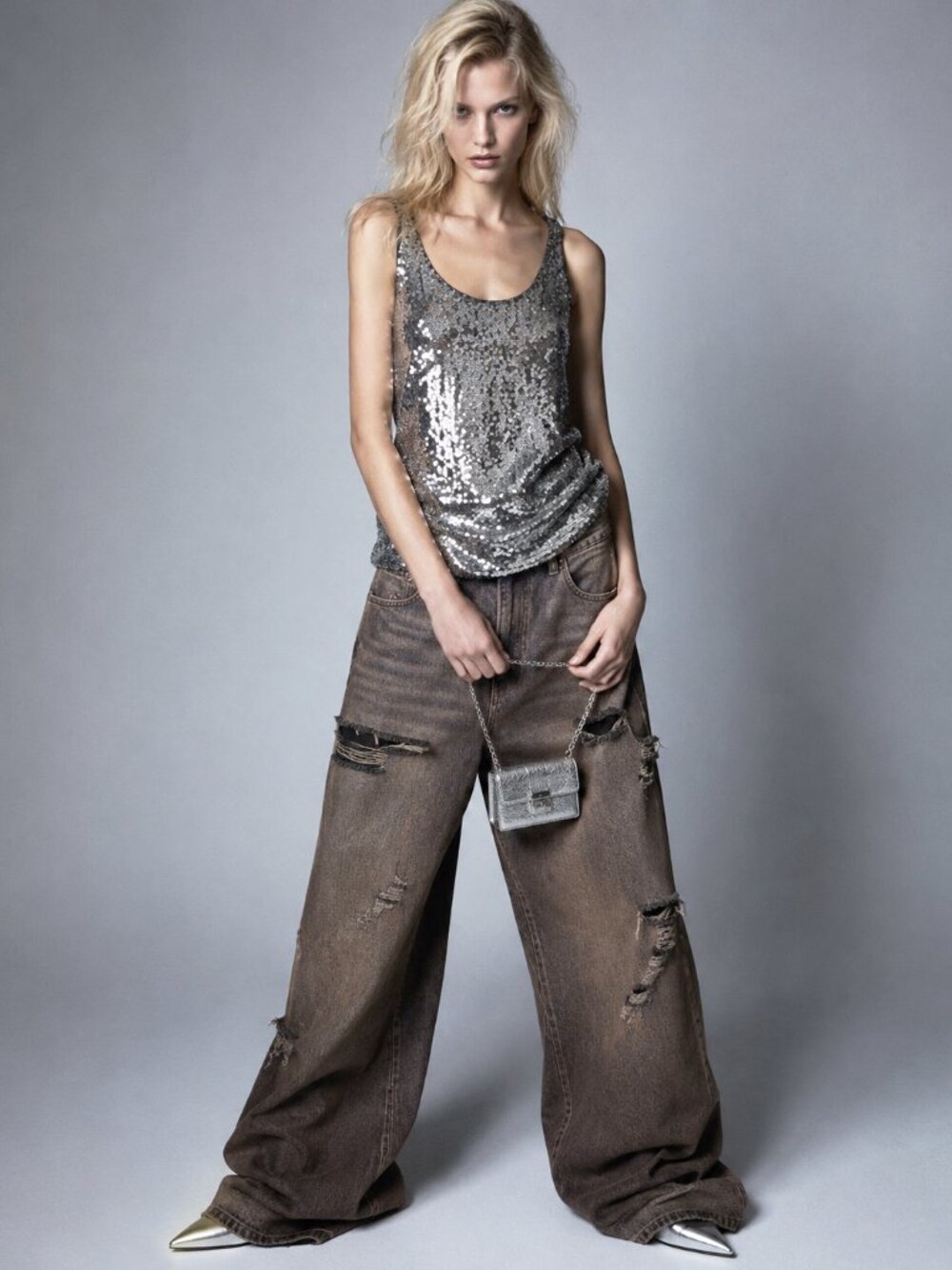 Talula Silver Sequin Brown Tank Top Lined Medium